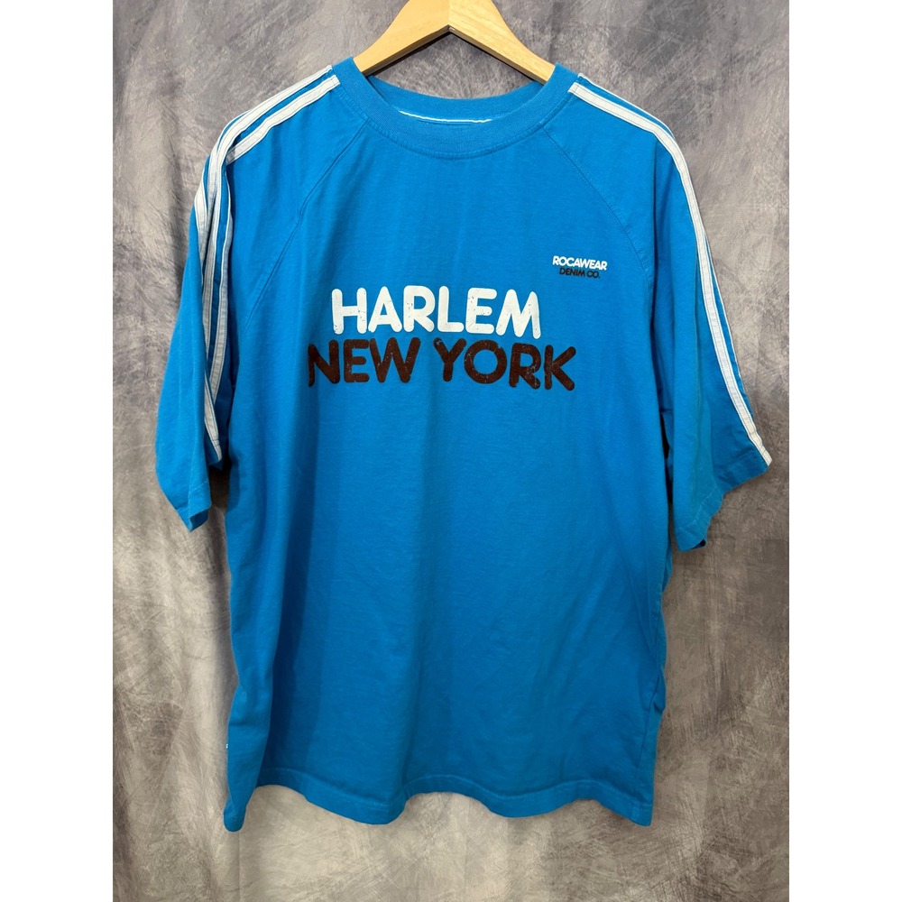 Rocawear Harlem New York Graphic T-Shirt Blue Raglan Stripe Mens XL